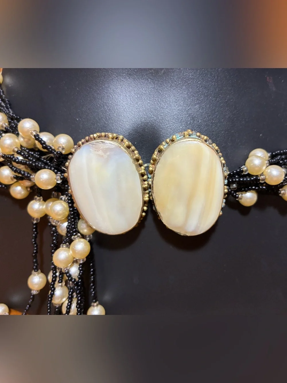Vintage Mother Of Pearl Brass Beaded Boho Statement Belt Black Ivory OS